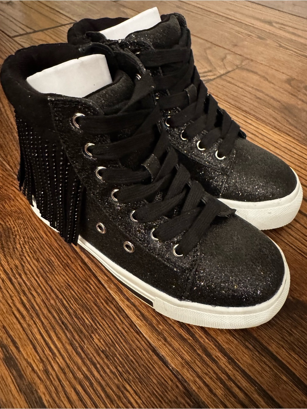 Little Girla Black Glitter High-Top Sneakers with Fringe